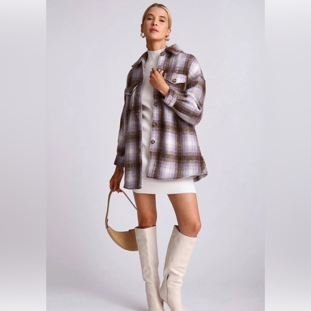 Avec Les Filles Womens Plaid Shirt Jacket Brown/Lavendar shacket medium